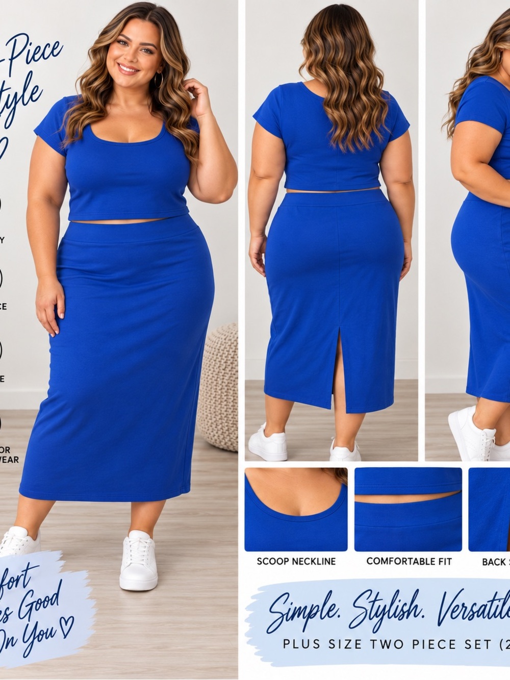 Plus Size Scoop Neck Midi Dress - Royal Blue